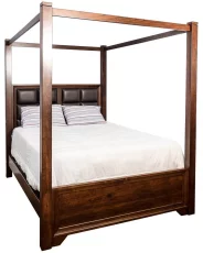 Birchwood Upholstered Canopy Bed With Modern Look - photographed with leather and cherry wood